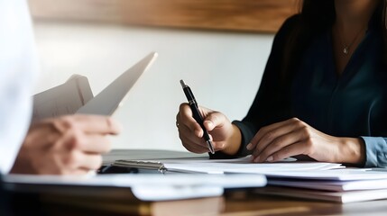 A woman in a business meeting with a client, going over paperwork.