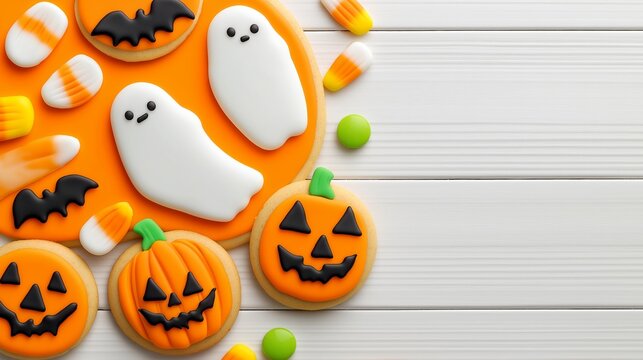 A table with Halloween cookies and candy. The cookies are decorated with Halloween themes such as pumpkins and ghosts