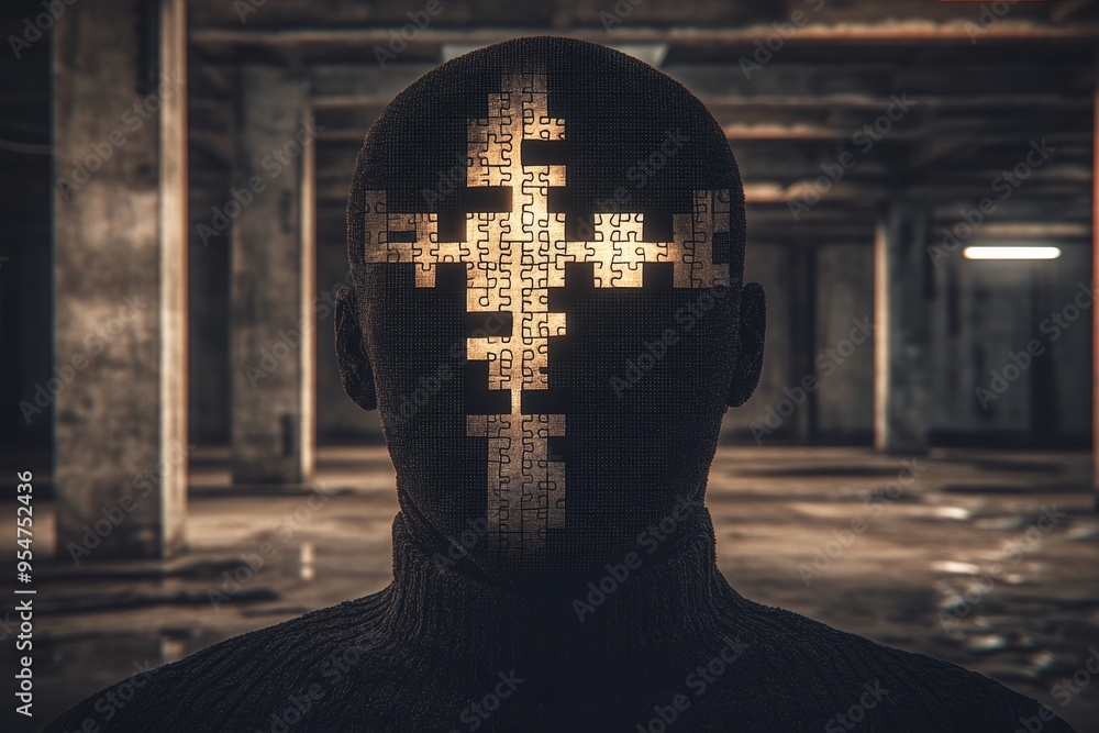 Poster neuroendocrinology decision making head with a glowing cross made of puzzle pieces symbolizing the i