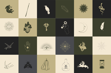 Collection of mystical icons with astrology objects, fantasy animals, mythical creature, esoteric and boho objects. Perfect for logotype or social media. Editable vector illustration