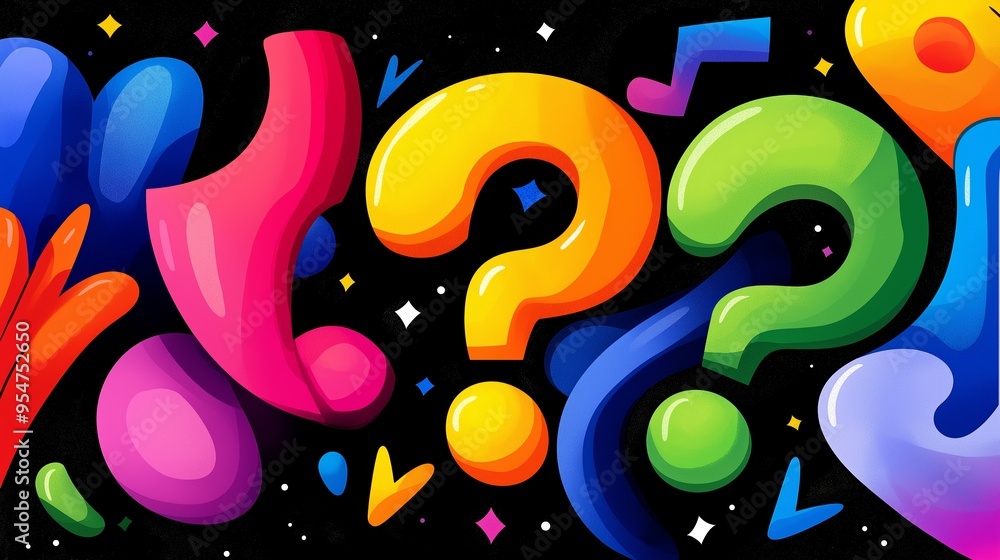 Poster a colorful drawing of many different shapes and letters, including a question mark. the drawing is f