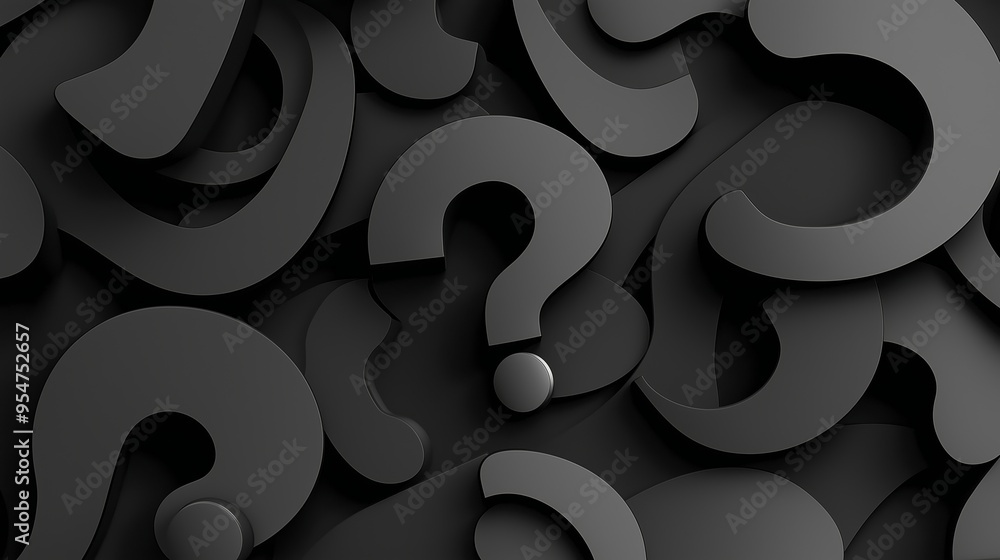 Aufkleber a black and white image of many questions in various shapes and sizes. concept of curiosity and wond