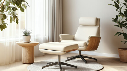 Modern psychologist’s chair in a serene bright room with natural light, wooden side table, and green plants