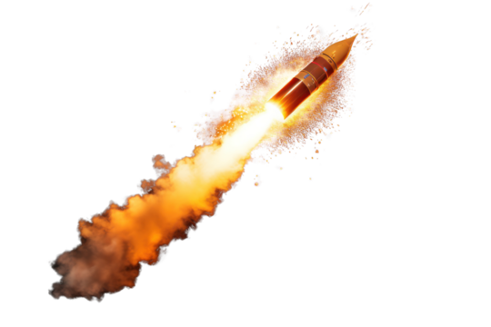 A dramatic image of a firework rocket launching isolated on white background