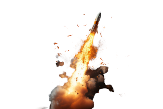 A dramatic image of a firework rocket launching isolated on white background