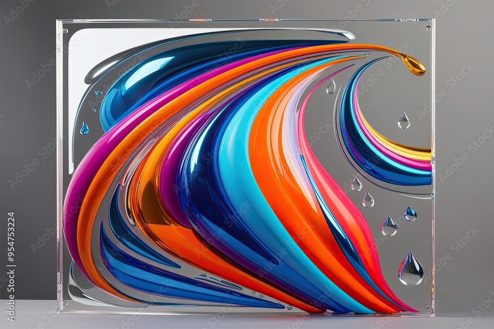 Poster fluid curves and droplets: a vibrant three-dimensional abstract design on clear canvas