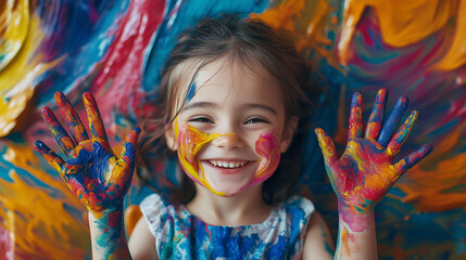 A happy boy with his hands painted in bright colors smiles against the background of an abstract painting. Generative AI.