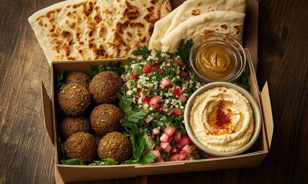 Falafel, hummus, and salad in a takeout box with pita bread.