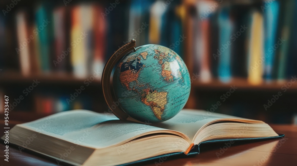 Poster exploring the world through books: a globe and an open book