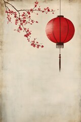 Obraz premium Tranquil Cherry Blossom Lantern, Vintage Paper Serenity with Pink Cherry Blossoms