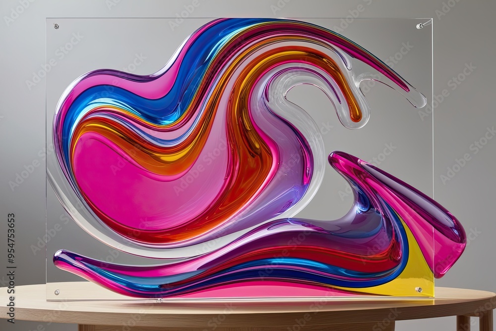 Poster vibrant 3d fluid curves and droplets abstract design on clear canvas