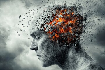 Cognitive dissonance Problem solving Profile of a man dissolving into particles symbolizing the disintegration of identity and the loss of self in a fragmented world