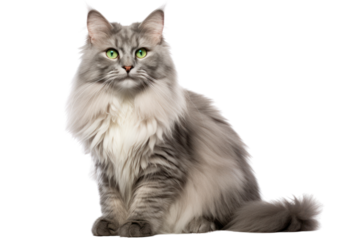 A fluffy gray cat with striking green eyes sitting gracefully on a white background