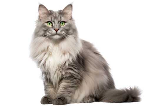 A fluffy gray cat with striking green eyes sitting gracefully on a white background - Powered by Adobe
