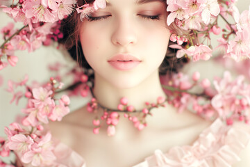 Naklejka premium A woman is wearing a pink flower crown and necklace