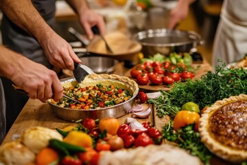 Obraz premium Thanksgiving Food Preparation: A busy kitchen scene where multiple hands are preparing Thanksgiving dishes. The focus is on the action--chopping vegetables, stirring pots, and assembling pies--capturi