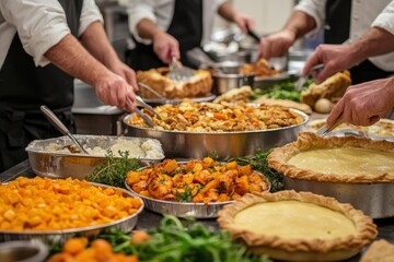 Obraz premium Thanksgiving Food Preparation: A busy kitchen scene where multiple hands are preparing Thanksgiving dishes. The focus is on the action--chopping vegetables, stirring pots, and assembling pies--capturi