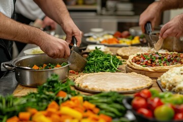 Thanksgiving Food Preparation: A busy kitchen scene where multiple hands are preparing Thanksgiving dishes. The focus is on the action--chopping vegetables, stirring pots, and assembling pies--capturi