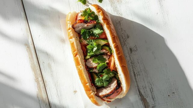Flat Lay of B&aacute;nh M&igrave; Sandwich with Grilled Pork and Vegetables
