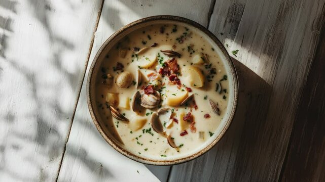 Delicious Bowl of Creamy Clam Chowder with Potatoes and Bacon