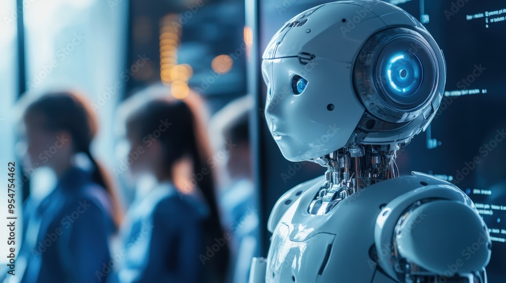 Poster futuristic robot interacts with humans in a technological environment