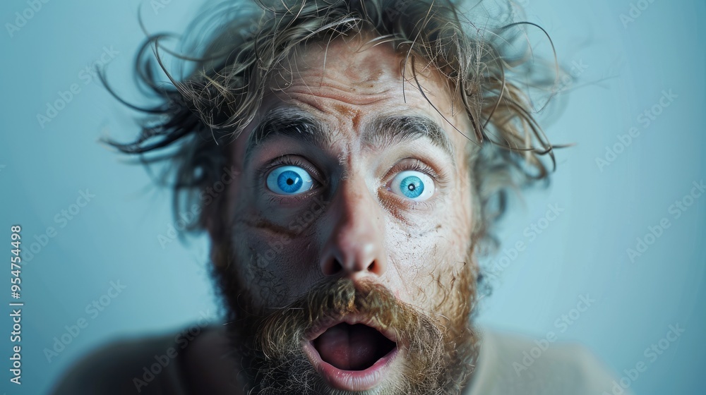 Poster a man with a beard and blue eyes is looking at the camera with an open mouth