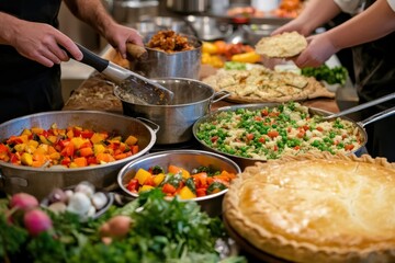 Obraz premium Thanksgiving Food Preparation: A busy kitchen scene where multiple hands are preparing Thanksgiving dishes. The focus is on the action--chopping vegetables, stirring pots, and assembling pies--capturi