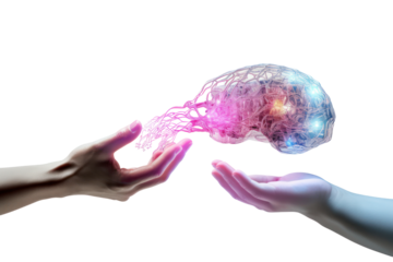 A futuristic scene showing a robotic hand and a human hand holding a glowing digital brain, isolated on white background