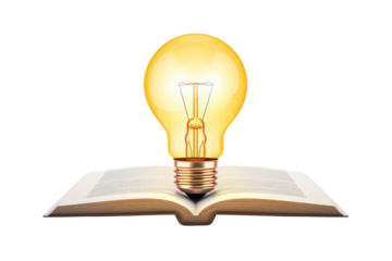 A glowing light bulb floating above an open book isolated on white background