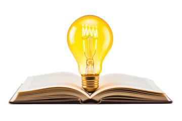 A glowing light bulb floating above an open book isolated on white background