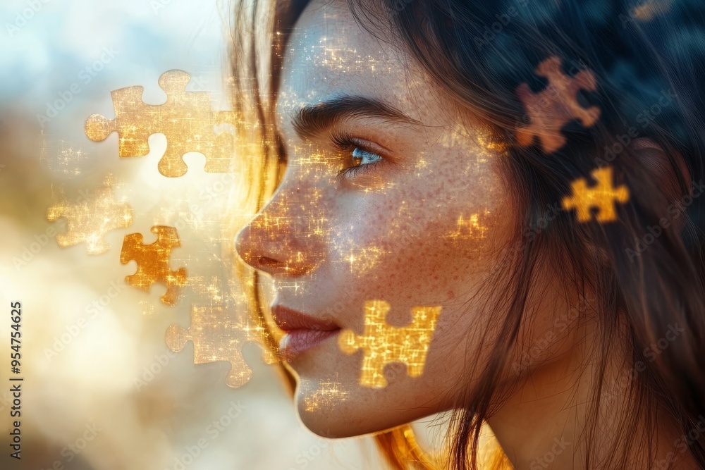 Aufkleber neural pathways problem solving woman with glowing puzzle pieces on her face representing the mergin