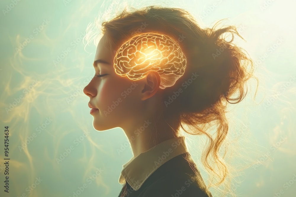 Poster synaptic plasticity problem solving silhouette of a woman with a glowing brain symbolizing the illum