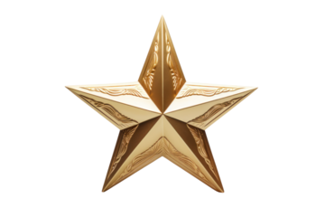 A gold star with intricate light reflections and shadows, white background