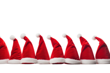 A group of festive red Santa hats arranged in a neat row, isolated on white background