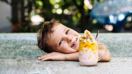 Portrait boy. Happy childhood, sincere emotions, joy of life, family education