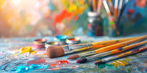 Obraz premium Paintbrushes on colorful art supplies background