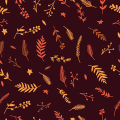 Seamless pattern in the form of a solid line of hand-drawn Christmas flowers, leaves, branches and elements.