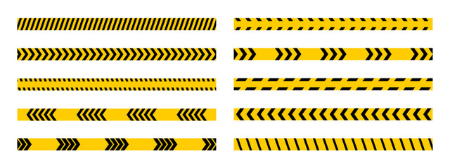Set of horizontal caution tapes with black and yellow diagonal slashes or chevron print. Safety borders in construction work zone, quarantine area or criminal scene. Stop signs. Vector illustration.