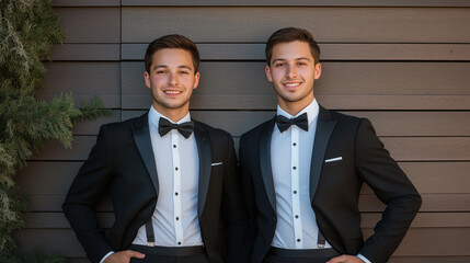 Two young men dressed in black tuxedos and bow ties posing outdoors against a wooden wall, smiling confidently. Formal wear and twin brothers fashion concept