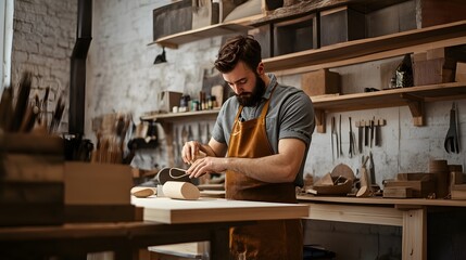A bearded man works on a woodworking project in his workshop.