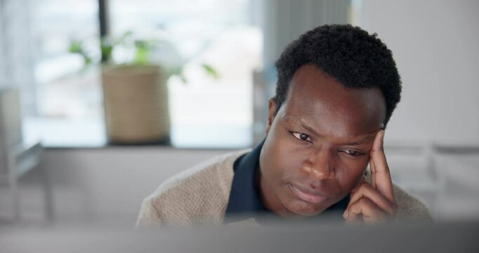 Black man, journalist and glitch with computer at work in thinking for deadline, office and company at magazine. Male person, tech and unsure as confused with project, career or doubt in copywriting
