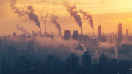 Fototapeta premium Pollution Skyline at Sunset: Urban Smog and Industrial Emissions