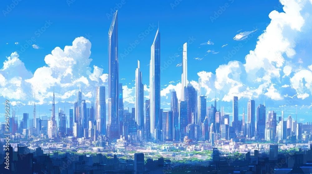 Wall mural futuristic city with skyscrapers backgrounds