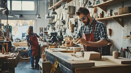 A bearded man wearing a plaid shirt and an apron works on a small wooden piece in his workshop.