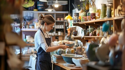 A woman in an apron looks at handmade pottery in a craft shop.