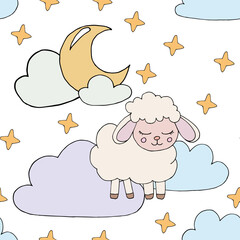 Seamless vector pattern with cute cartoon sheep, clouds, stars and moon on a white background. Background for printing on clothing, children's textiles and wrapping paper and various stationery