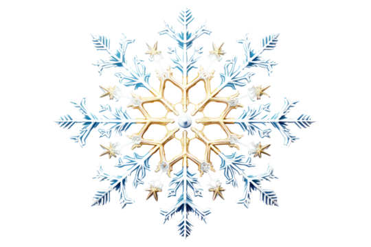 A large snowflake with delicate branches and symmetrical features, isolated on white background