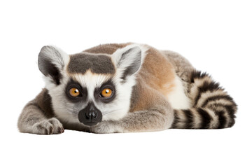 A lemur cat in a relaxed pose, lying on a soft surface, isolated on white background