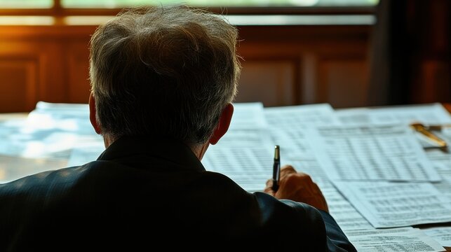 Businessman Reviewing Financial Documents in His Office