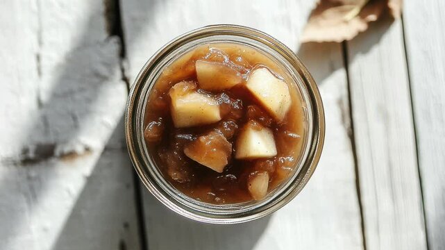 Flat Lay of Apple Pear Chutney in Rustic Jar on Wooden Table